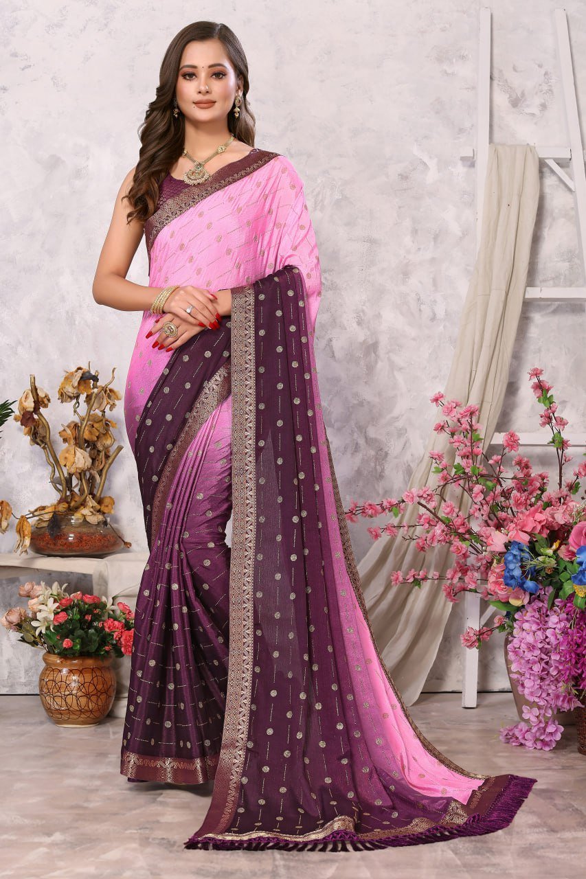 Embroidered Work Purple Color Party Style Chiffon Fabric Saree